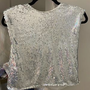 silver holographic sequin shoulder pad top